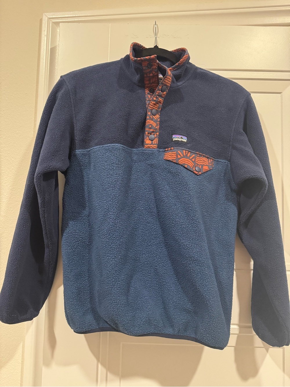 Patagonia Two-Tone Navy & Blue Fleece Pullover with Orange Trim